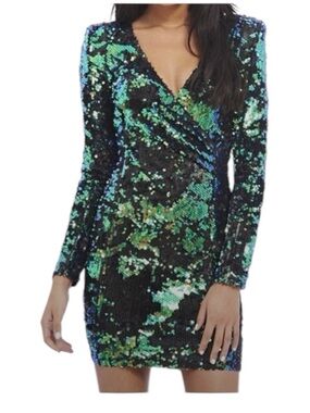 A/X Armani Exchange Black Sequin Long Sleeve V-Neck Dress with Green Accents